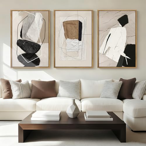 ANHUIB Large Neutral Abstract Wall Art Canvas,Black Beige Artwork, Modern Textured Framed Wall Art, Minimalist Geometric Painting,16x24 Inches Set of 3 for Living Room Bedroom - color: Neutral Abstract, size: 24"L x 16"W