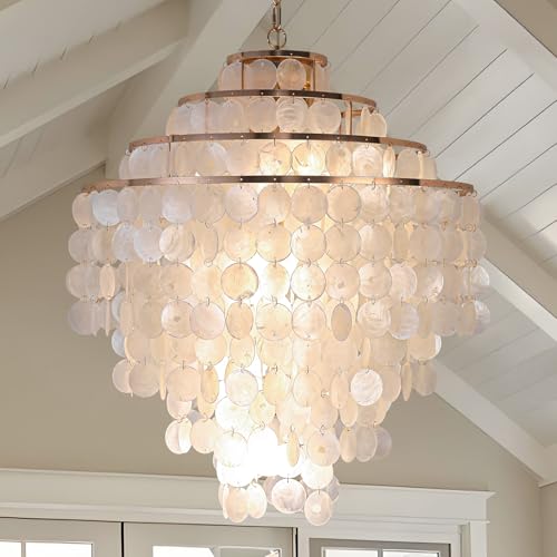 Coastal Capiz Shell Chandelier 24 inch Gold Natural Seashell Farmhouse Boho Chandelier 4-Light Pendant Light Fixture for Living Room Foyer Kitchen Island Entryway Dining Room Bedroom,LED Bulb Included - size: 24 inch