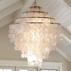 Coastal Capiz Shell Chandelier 24 inch Gold Natural Seashell Farmhouse Boho Chandelier 4-Light Pendant Light Fixture for Living Room Foyer Kitchen Island Entryway Dining Room Bedroom,LED Bulb Included - size: 24 inch