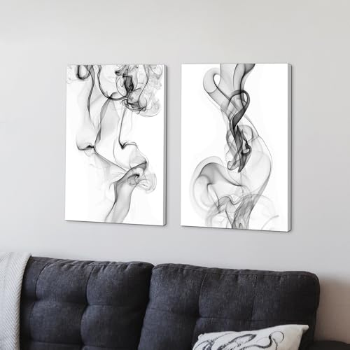ArtSquare Black and White Canvas Wall Art: Abstract 2 Pieces Smoky Picture Minimalist Watercolor Prints for Bedroom - color: black and white, size: 24”x16”x2