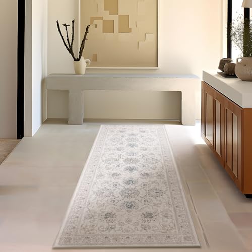 Phantoscope Washable Runner Rug 2'x6' Non-Slip, Vintage Neutral Hallway Rugs for Entryway, Stair, Bedroom, Distressed Boho Floral Medallion Pattern, Low-Pile Foldable Carpet, Cream Beige/Neutral - color: Cream Beige/Neutral, size: 2' x 6' (Runner)