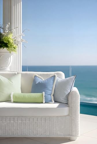 Hofdeco Premium Coastal Hampton Outdoor Performance Throw Pillow Cover Only, 20"x20" Water Repellent, UV and Fade Resistant for Backyard, Couch, Poolside, Azure Blue Indigo Woven Coastline Stripes - color: Azure Blue Indigo Coastline Stripes 20"x20"