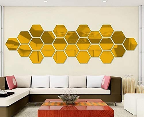 Mirror Wall Stickers - 12PCS Hexagon Art DIY Decorative Acrylic Sheet Plastic Tiles Home Living Room Bedroom Sofa TV Background Decal Decoration - color: Gold
