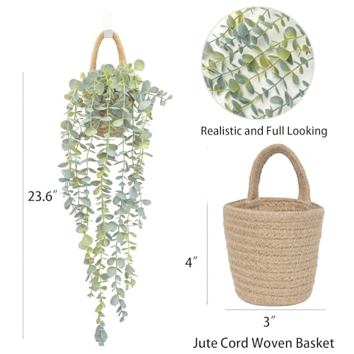 Fake Hanging Plant Decor Indoor, Eucalyptus Artificial Faux Plants in Wall Woven Planters, Jute Hanger with Black Pot Soft Green 2PCS 23Inch Long - size: Jute Hanger-2PCS