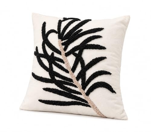 Coastal Growth Decorative Throw Pillow Cover | Tufted Botanical Design | Handmade Artisan Accent Pillow | Neutral Cream & Black Modern Organic Home Decor | 16in x16 in | Obsidian Reed