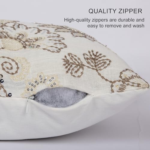 Floral Embroidered Lumbar Throw Pillow Cover 12x 20, Sequin Chinoiserie Flower Neutral Linen Pillow Cushion Cases, Farmhouse Decorative Pillows for Bed, Outdoor Couch White - color: White