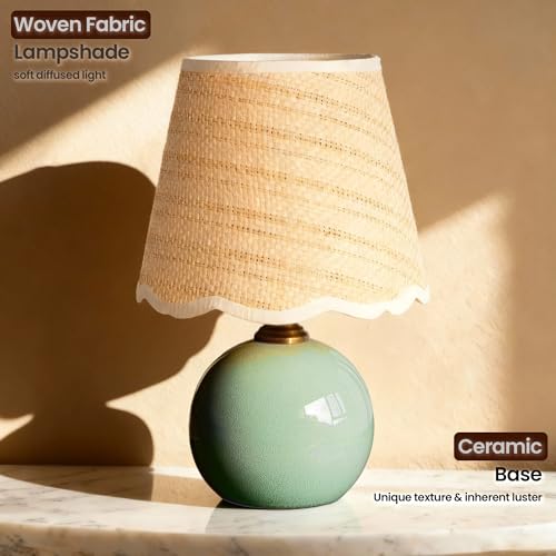 11.4" Scalloped Small Table Lamp, Green Ice Crackle Ceramic Bedside Lamp with Wavy Shade, 3-Color Dimmable LED Nightstand Light for Bedroom & Living Room, Aesthetic Home Decor, Bulb Included - color: Scalloped Fabric+Green Ceramic Base