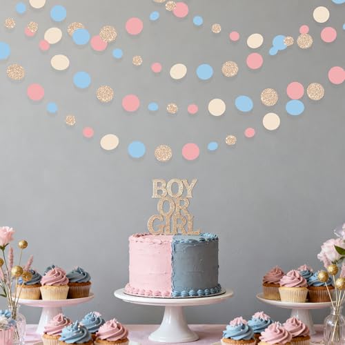 Champagne Gold Dusty Pink Blue Cream Beige Circle Dot Hanging Streamer Polka Dot Garland Banner for Baby Shower Birthday Wedding Bridal Shower Engagement Boho Gender Reveal Party Decorations Supplies - color: Dusty Pink Blue Champagne
