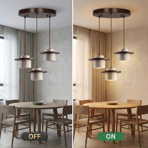 Wabi Sabi Pendant Light, Japandi Ring Light Fixture, Modern Farmhouse Travertine Chandelier Pendant Lighting - Yellow Stone & Walnut Wood (Walnut 3-Light,7.9IN-C) - color: Walnut 3-Light, size: 7.9IN-C