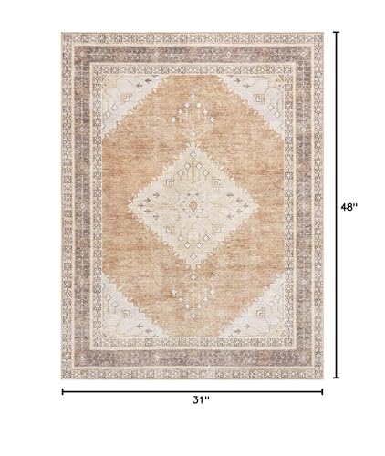 Hauteloom Ferdinand Boho Vintage Distressed Area Rug - Farmhouse Traditional Medallion Faded Carpet for Living Room, Bedroom - Machine Washable Rug - Tan, Peach, Blush - 2'7" x 4' - size: 2'7" x 8'6" (Rectangular)