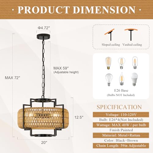 20" Boho Woven Chandeliers 4-Light Hand Rattan Ceiling Pendant Light Fixture Farmhouse Hanging Lighting for Kitchen,Bedroom, Dining Room, Hallway, Entryway, E26 - size: Lantern-20''-V