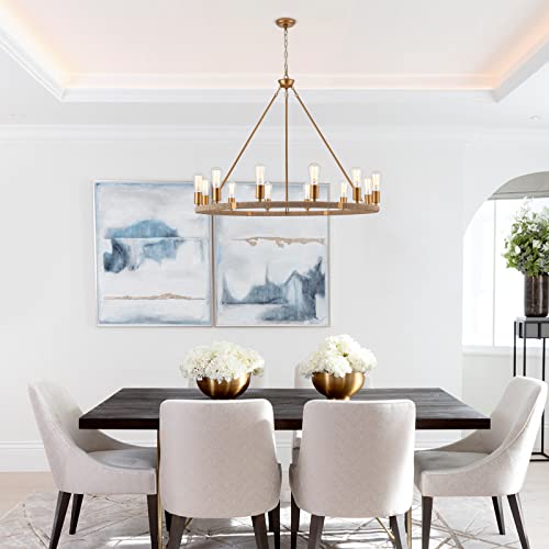 12-Lights Wagon Wheel Chandelier Bohemia Hand Woven Rattan Chandelier Farmhouse Large Pendant Light for High Ceilings Living Room Dining Room, Brass, Dia 42 Inch, UL Listed - color: Brass