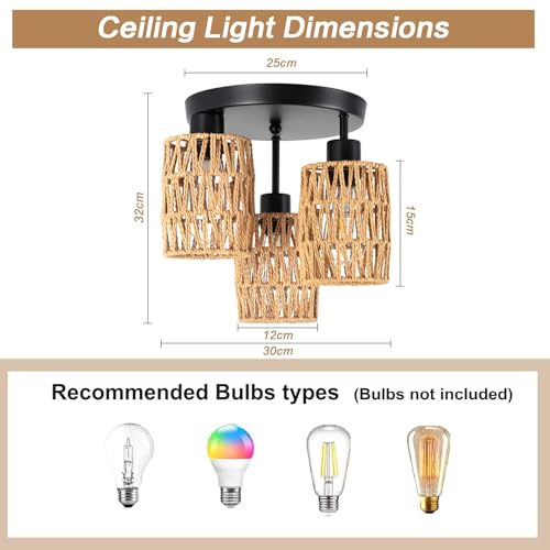 Surpars House Boho Rattan Ceiling Light Fixture, Mini Rattan Chandelier Lighting Fixture, Hand Woven Ceiling Light Fixtures for Hallway Bedroom Kitchen Entryway Living Room (Brown) - color: Brown