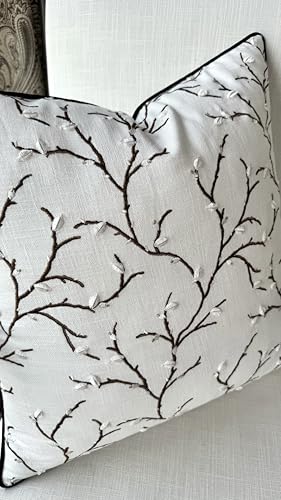 VAGMINE Embroidered Branch Botanical 18x18 Throw Pillow Cover - Ivory Cotton Square Cushion for Sofa Couch Bed - Cottagecore Farmhouse Spring Decor - Pussy Willow - color: Ivory-pussy Willow, size: 18" x 18" (Pack of 1)