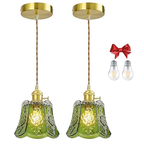 Green Wind Chime Glass Pendant Light, 2 Natural Light Bulbs Included, Adjustable Cord with Switch, Hanging Lamp for Kitchen Island/Dining Room - color: Green 2pcs Flower Pendant Light