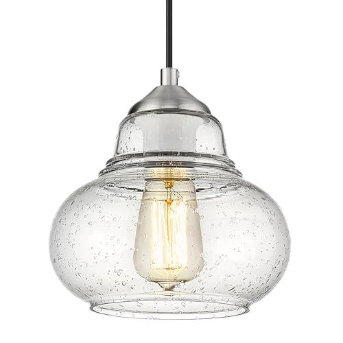 ELYONA 8 Inch Bubble Glass Pendant Light Industrial Kitchen Island Globe Hanging Pendant Light Fxiture Modern Hand Blown Seeded Glass for Farmhouse Dining Room Bar Bedroom Living Room Brushed Nickel - color: Brushed Nickel