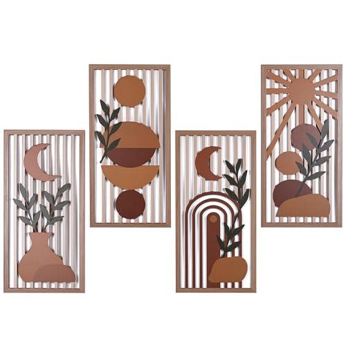Orange Boho Wall Art Set of 4, Abstract Geometric Wooden Terracotta Wall Decor, Mid-Century Modern Aesthetic Artwork with Arch, Vase & Botanical Design for Modern Home Decor for Bedroom, Office & Living Room(B) - color: B