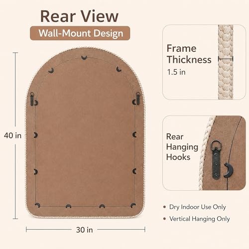 30" x 40" Arched Wall Mirror, Handwoven Natural Corn Husk Fiber with Light Whitewashed Finish, Warm Boho Coastal Style for Entryway, Bedroom, Living Room, Vertical Hanging - size: 40"L x 30"W