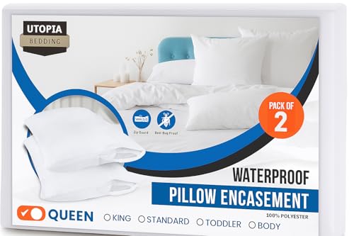 Set of 2 Pillow Protectors with Zipper Queen Size, Bed Bug and Dust Mite Proof Pillow Covers, Ultra Soft Pillow Encasements, Moisture Wicking and Waterproof Pillow Cases by Utopia Bedding (White) - size: Queen (Pack of 2)
