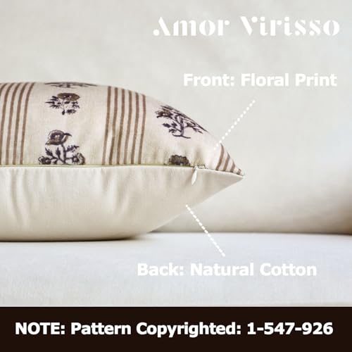 Amor Virisso Floral Throw Pillow Covers 12 x 20 Set of 2 Block Print Pillow Covers Neutral Floral Striped Farmhouse Decorative Pillow Covers for Sofa Couch Bed, Brown - color: Brown, size: 20" x 12" (Pack of 2)