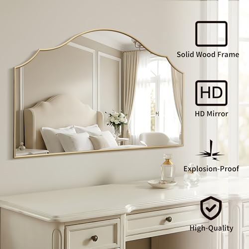 Besdomus Large Scalloped Gold Mirror: 47"x31" Modern Minimalist Wood Frame Wall Mirror - Decorative Vanity Arched for Bathroom/Dresser/Entryway/Fireplace/Living Room - Stylish Home Decor - color: Gold Leaf, size: 31"L x 47"W