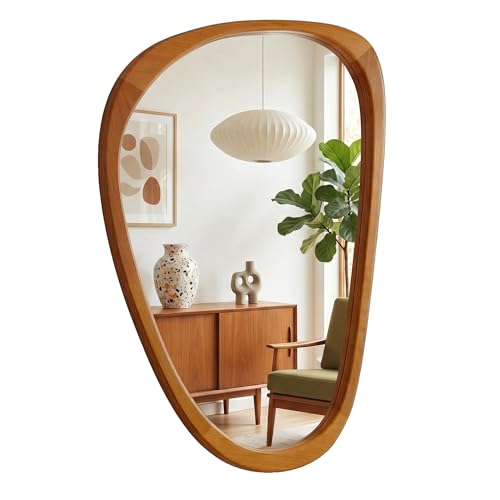 Solid Wood 36"x24" Modern Organic Asymmetrical Mirror, Warm Walnut Irregular Wooden Wall-Mounted Mirror, Sculptural Spa-Like Bathroom Vanity Mirror, Honey Walnut - color: Walnut, size: 36"L x 24"W
