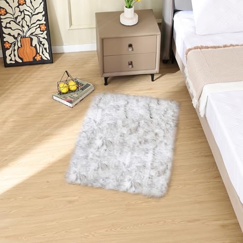 ORINOVA White and Grey Faux Fuzzy Fur Sheepskin Washable Area Rugs for Living Room 2x3 Boho Shag Nursery Rug Cute Home Décor - color: White With Grey Tips, size: 2' x 3' (Rectangular)