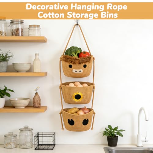 3 Tier Hanging Highland Cow Fruit Basket-Woven Cotton Wall Basket, Hanging Oval Produce Over Door Decorative Vegetable Gift Storage 0rganizer Bin for Kitchen, Bedroom, Bathroom, Nursery - color: Beige