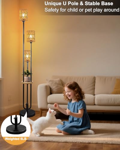 63IN Dimmable Floor Lamp with Shelf, Black Rattan Tall Standing Lamps Candle Holder Style, 3000K Warmwhite Mid Century Modern Floor Lamp with 5Lbs Heavy Base for Living Room (Bulbs Included) - color: 3 Rattan-Black Shelf
