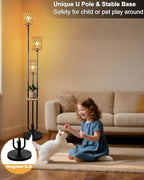 63IN Dimmable Floor Lamp with Shelf, Black Rattan Tall Standing Lamps Candle Holder Style, 3000K Warmwhite Mid Century Modern Floor Lamp with 5Lbs Heavy Base for Living Room (Bulbs Included) - color: 3 Rattan-Black Shelf