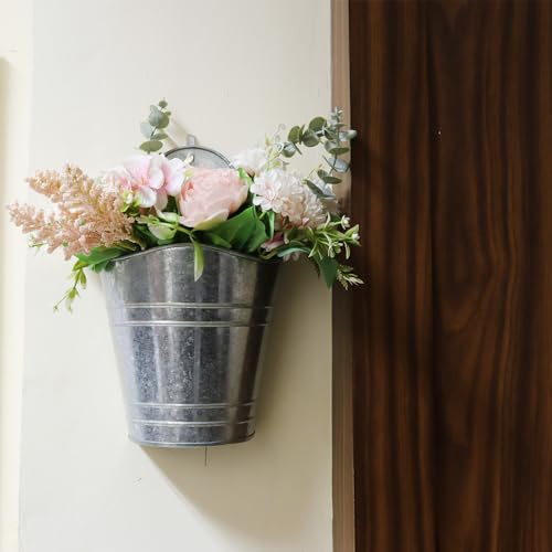Hosley Set of 2 Galvanized Wall Planters, 10 Inch Hanging Metal Buckets for Indoor Outdoor Garden, Farmhouse Wall Decor, Rustic Patio & Balcony Planter Pots - color: Galvanized