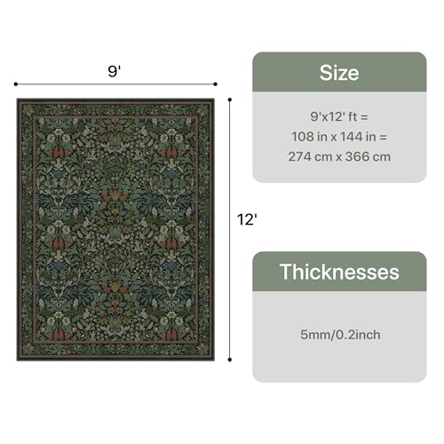 Bavni 9x12 Area Rugs for Living Room, Floral Rug Machine Washable Non Slip, Vintage Boho Forest Carpet, Soft Low Pile Thin Lightweight Rugs for Bedroom, Farmhouse, Dining Room Office, Dark Green - color: Dark Green, size: 9' x 12' (Rectangular)