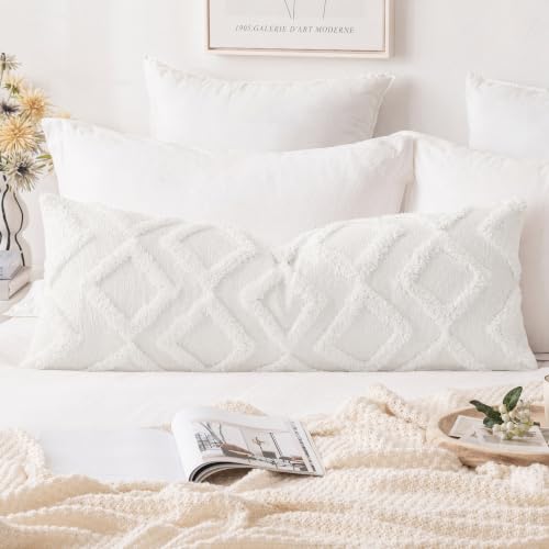 NUYECY Diamond Pattern Extra Long Pillow Covers 14 x 36,Plush Chenille Decorative Long Lumbar Pillow Covers Pillow Case Cushion Case for Sofa Couch Bed Livingroom Farmhouse,Modern Boho,Cream White - color: White, size: 36" x 14" (Pack of 1)