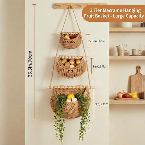 3 Tier Hanging Fruit Basket, Jute Wall Baskets, Hanging Produce Baskets for Storage Fruits and Vegetables, Hanging Basket Wall for Kitchen, Bedroom, Bathroom (Brown) - color: Brown, size: 3 Tier / Standard