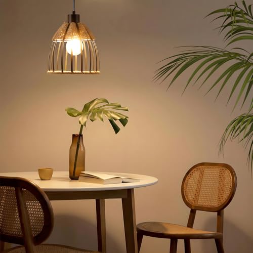 OCIOC Mini Hemp Rope Woven Pendant Light, Boho Chanderlier Light Fixture, 6.9 Inch Farmhouse Rattan Adjustable Height Hanging lamp for Kitchen Island Bedroom, Dining Room, Living Room, Entryway, Foyer - size: 5.5