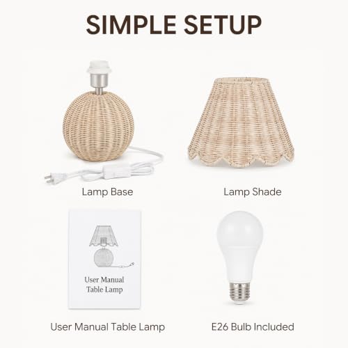 BySea Meadow Woven Desk Lamp, Natural Rattan Boho Nightstand Lamp for Bedroom, Hand-Woven Small Table Lamp with Warm Amber Glow, Rustic Bedside Light for Living Room, Nursery, 1.95m Long Cord