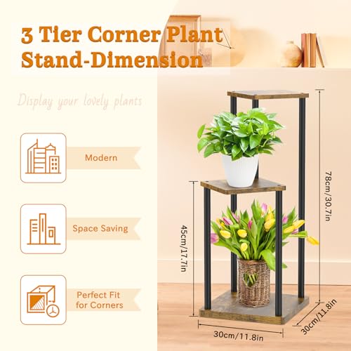 Oppro 3 Tier Corner Plant Stand Indoor, Metal Wood Flower Pot Holder Shelf, Multiple Display Rack Square Table for Living Room Bedroom Orchid Outdoor Balcony Garden Patio, Modern Black & Rustic Brown - color: Black-3 Tier