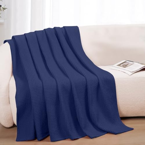 100% Cotton Blankets for Bed - Waffle Weave Blankets for Summer, Lightweight and Breathable Soft Woven Blanket for Spring (Navy, King (90" x 108")) - color: Navy, size: King (90" x 108")