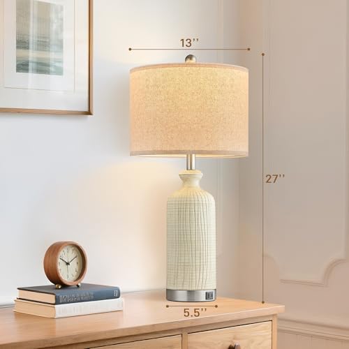 Living Room Lamps Set of 2, 27" Touch Lamps for Nightstand with USB A+C Ports, Modern Farmhouse Table Lamps for Bedroom, Beige - color: Beige