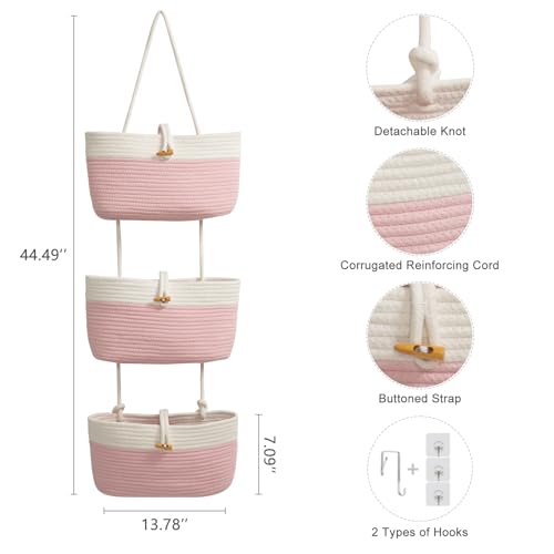 TeoKJ Over The Door Hanging Baskets with Button Strap, 3-Tier Woven Cotton Storage Organizer Bag, Wall-Mounted with Hook Decorative Hanging Nursery Baskets - Pink+White - color: Pink+White, style: 3 tier+Button