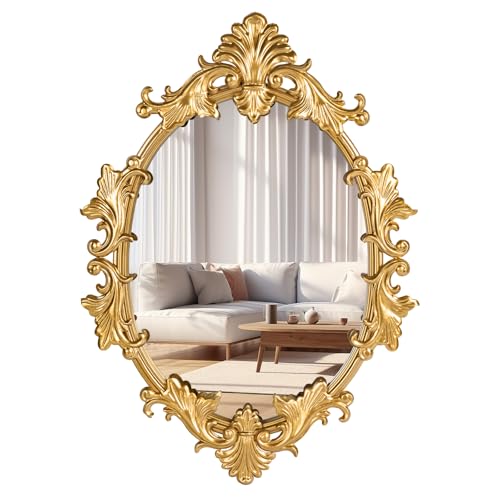 Gold Oval Wall Mirror, 19"x27" Vintage Decorative Baroque Hanging Mirrors for Bedroom, Living Room Dresser Decor, Entryway