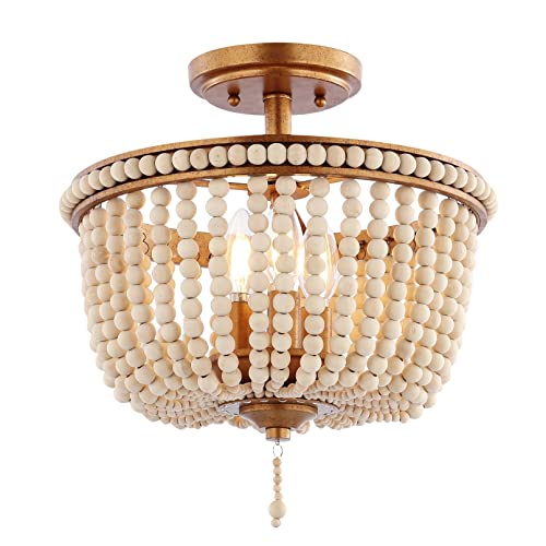 JONATHAN Y 14" Antique Gold/Light Taupe Wood Beaded LED Semi Flush Mount Light, Boho Farmhouse 3-Light Ceiling Chandelier with Cream Wood Bead Shade for Nursery, Bedroom (JYL9020C) - color: Antique Gold/Light Taupe