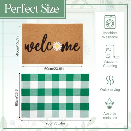 2 Pcs Door Mat Combo Set Layered Outdoor Rug and Coir Welcome Doormat Non Slip Floor Mat for Front Porch Entryway Outside Indoor Decor(Green Daisy,24'' X 35'',24'' X 16'') - size: 24'' X 35'',24'' X 16''