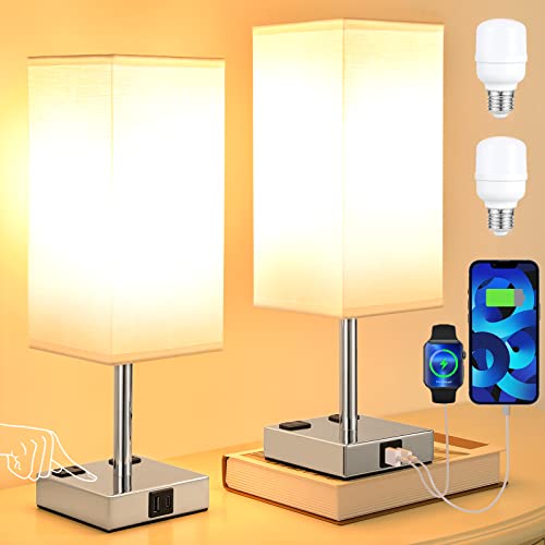 aooshine Set of 2 Touch Nightstand Lamp with USB-C+A Charge Ports& AC Outlets, 3-Way Dimmable Bedside Lamp with White Fabric Shade,Small Table Lamp for Bedroom Guest Room(Bulb Included) - color: White-Silver