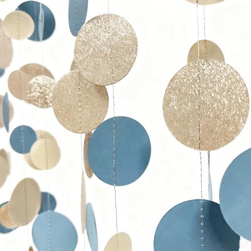 Champagne Gold Dusty Blue Beige Circle Dot Garland Hanging Paper Polka Dot Streamer for Men Boy Birthday Baby Shower Wedding Bridal Shower Retirement Engagement Bachelorette Party Decorations Supplies - color: Dusty Blue Champagne