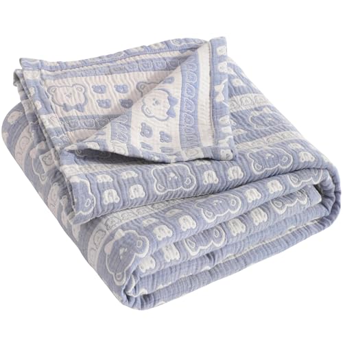 NTBAY 3 Layer Muslin Cotton Toddler Blanket, Jacquard Reversible Nursery Bed Blanket, Super Soft and Thermal for All Seasons, Decoration Gift, 30"x40", Blue Bear - color: Blue Bear, size: 30x40 Inch (Pack of 1)
