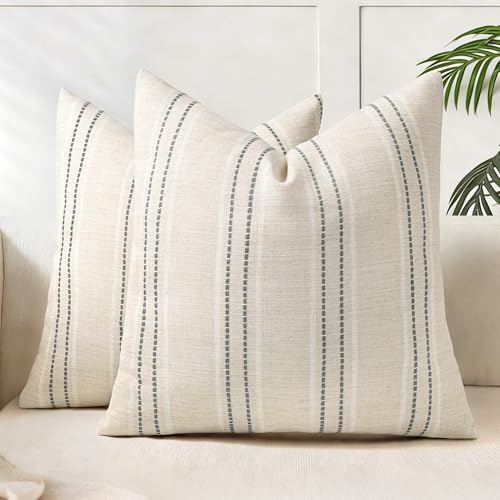 AELS 16x16 Decorative Farmhouse Linen Blend Throw Pillow Covers, Boho Textured Pillow Case, Set of 2, Beige with White & Gray Stitch Yarn Dyed Stripe Cushion Cover for Sofa Living Room (Cover ONLY) - color: Beige With White & Gray, size: 16" x 16" (Pack o