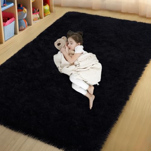 qulint Black Area Rug for Living Room, 4x6 Fluffy Rug for Bedroom Soft Shag Small Carpet for Nursery, Fuzzy Plush Shaggy Alfombras for Boys and Girls Dorm Kid Room Modern Home Decor (4ft x 6ft, Black) - color: Black, size: 4' x 6' (Rectangular)