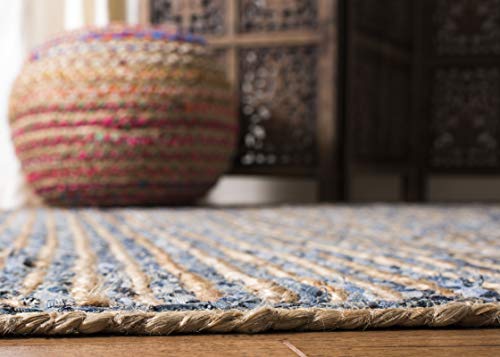 SAFAVIEH Cape Cod Collection Area Rug - 5' Square, Natural & Blue, Handmade Flat Weave Jute, Ideal for High Traffic Areas in Living Room, Bedroom (CAP250A) - size: 5' x 5' (Square)