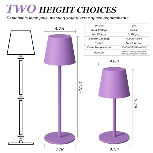 Kakanuo Cordless Table Lamp Rechargeable Purple - KK 2 Pack 5000mAH Battery Operated Lamp for Counter, 3 Color Stepless Dimming Wireless Lamp for Dining Kitchen, Outdoor Patio, Touch Control - color: Purple, size: 2 Pack 14in - Down Light